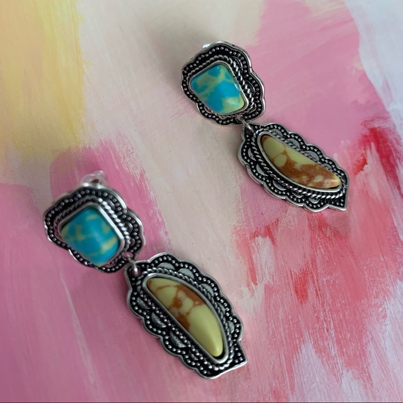 Silver Faux Turquoise Earrings - Picture 2 of 6